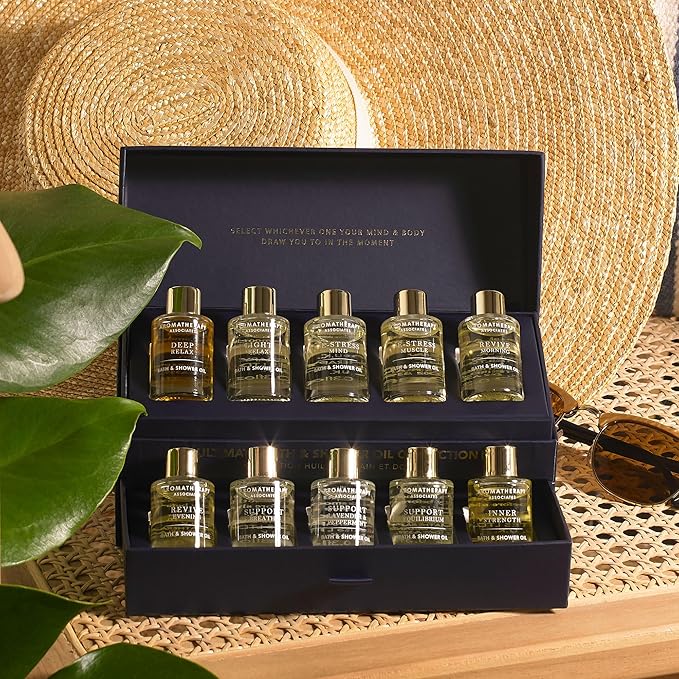Aromatherapy Associates Essential Oil Blends – Luxury Body and Shower Oils for Dry Skin and Daily Aromatherapy, 10-Pack (0.30 fl oz Each) in Decorative Gift Box