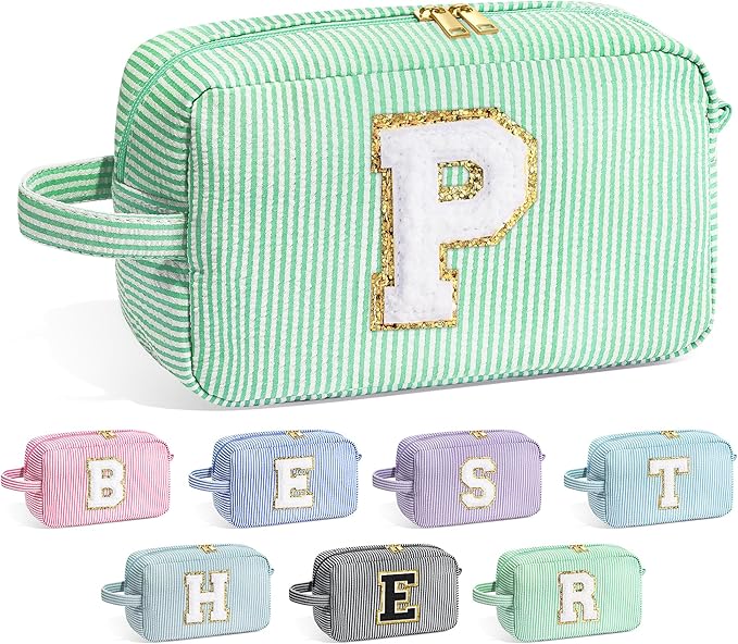 YOOLIFE Initial Makeup Bag, Travel Toiletry Bag, Cosmetic Pouch Makeup Case, Personalized Makeup Bags for Women, Green P