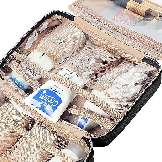 NISHEL Travel Toiletry Bag for women, Portable Hanging Organizer for Travel-Sized Shampoo, Conditioner, Brushes Set, makeup Accessories, Medium Size, Black