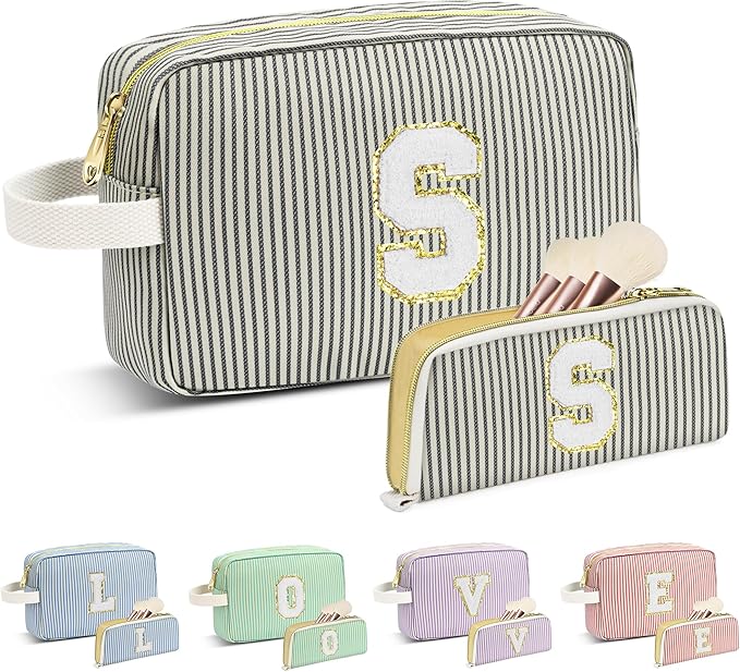 Travel Makeup Bag Christmas Gifts for Women Girl Teens, Personalized Initial Makeup Bag for Cute Teen Girls, Preppy Stuff Toiletry Bag Cosmetic Bag, Teen Girls Gift Trendy Stuff, Letter S