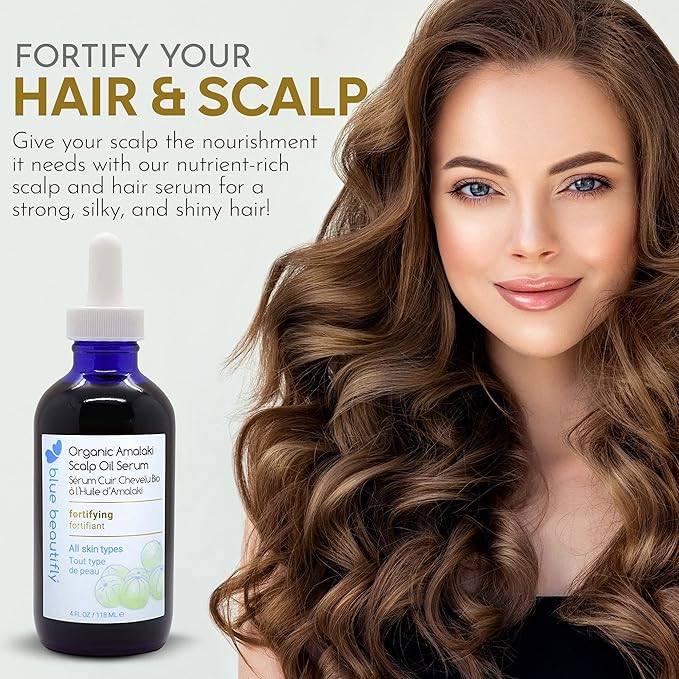 Blue Beautifly Organic Amla Oil for Scalp Serum - Strengthens Hair Follicles, Restores Growth, and Treats Dandruff-USDA Certified Organic - Enriched with Rosemary Oil and Ayurvedic Herbs - 4 fl oz