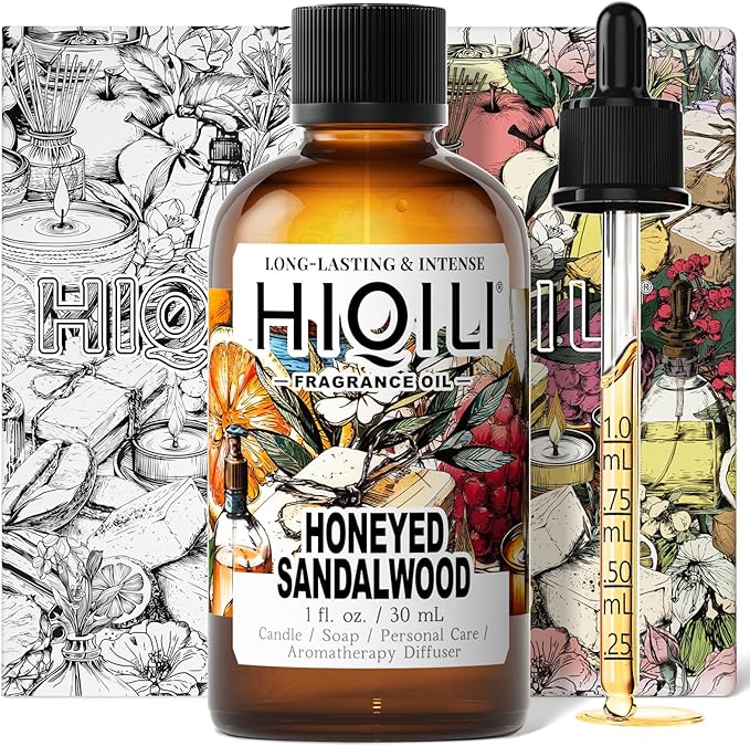 HIQILI Honeyed Sandalwood Fragrance Oil for Diffuser, Candle & Soap Making, Add to Dryer Balls, Lotion, Hotel Luxury Scents - 1 Fl Oz