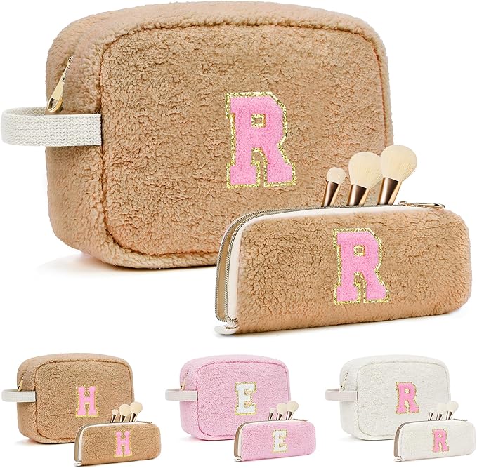 for Christmas Day Gifts, Personalized Initial Cosmetic Bag Pouch for Teen Girls, Preppy Makeup Travel Bags for Daughter Sister Girlfriend, Monogramed Make Up Pouch for Birthday Gifts - Brown R