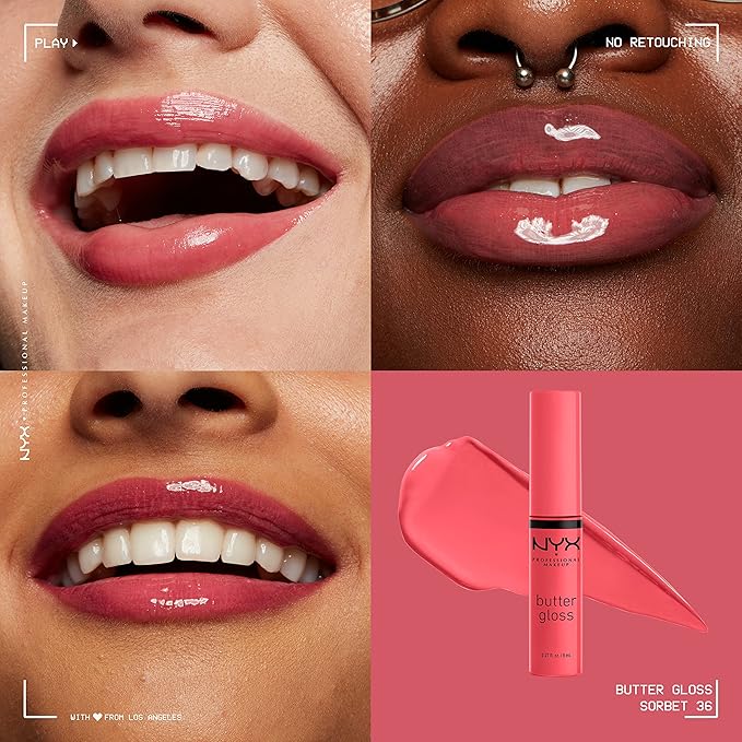 NYX PROFESSIONAL MAKEUP Butter Gloss, Non-Sticky Lip Gloss - Sorbet (Vibrant Coral)