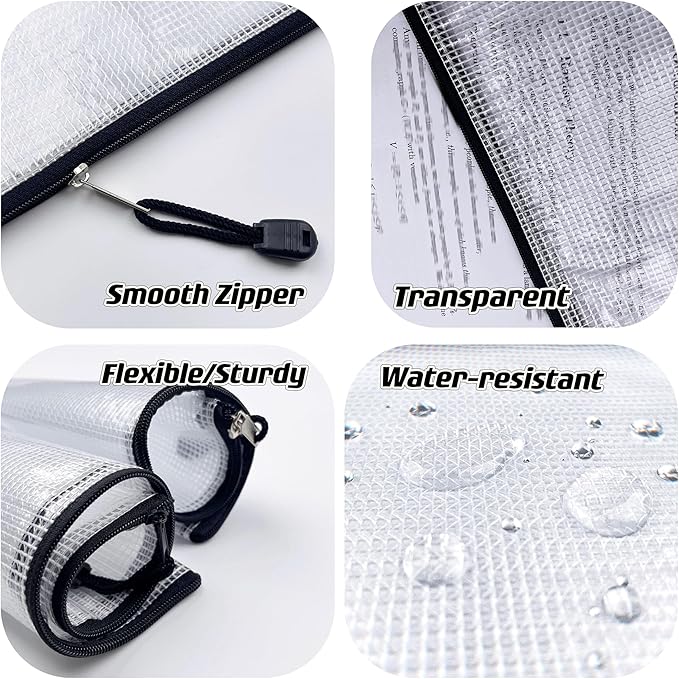Oaimyy-B5(8"x 11",12 Pcs) Plastic Mesh Zipper Pouch Document Folders Bag & Zip File Folders for School Office Supplies, Travel,Puzzles Games Organizing Storage-Black