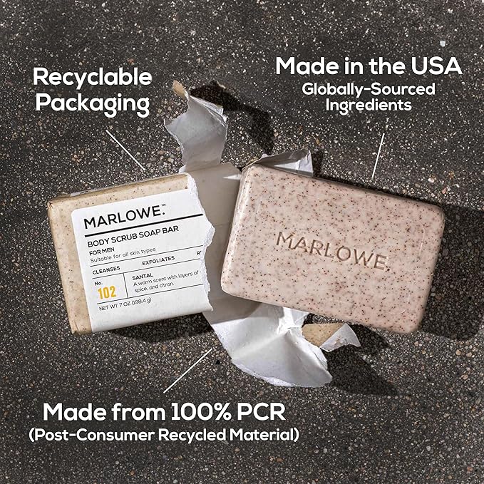 MARLOWE. No. 102 Body Scrub Soap 7 oz, Santal, Exfoliating Soap Bar with Shea Butter, Olive Oil & Green Tea Extracts, Cleanses, Smooths & Revitalizes Skin, Warm Amber, Spice & Citron Scent