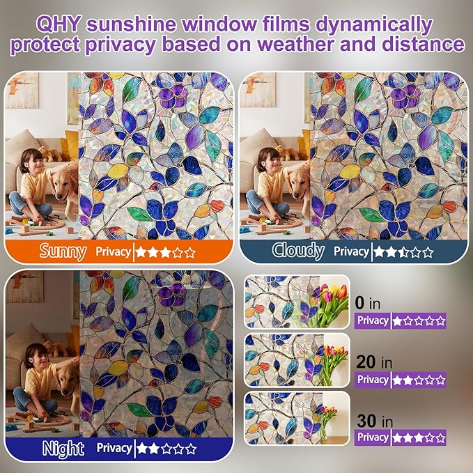 Stained Glass Window Privacy Film Decorative Rainbow Static Clings – Ideal for Home & Office, Adhesive-Free, Removable, UV-Blocking (Purple Rainbow, 23.6 X 78.7 in)