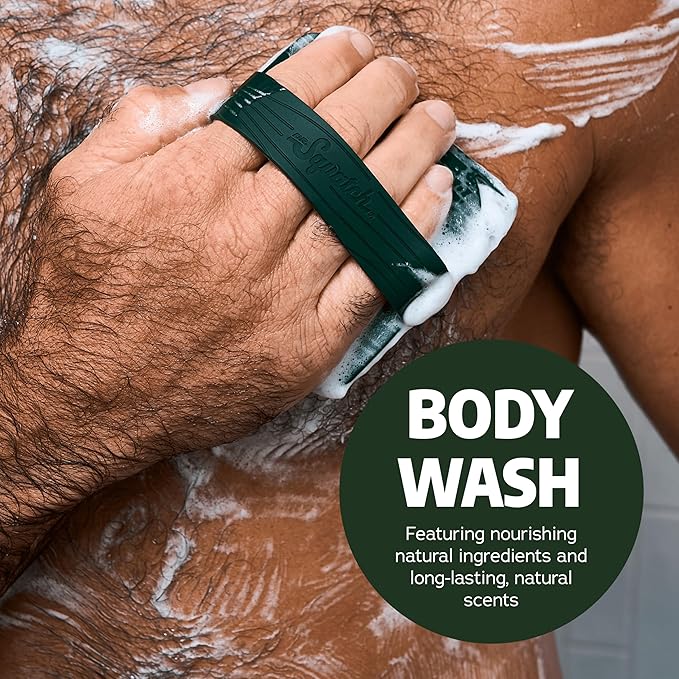 Dr. Squatch NEW Body Wash for Men with Nourishing, Natural Ingredients | No Paraben, Phthalate, Sulfate | Pine Tar (14 oz), Coconut Castaway & Wood Barrel Bourbon (8 oz, 2-Pack) & Body Scrubber