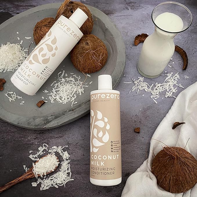 Purezero Coconut Milk Shampoo & Conditioner Set - 100% Vegan & Cruelty Free - Intense Hydration & Increase Shine - Zero Sulfates, Parabens, Dyes - Fight Dandruff & Frizz