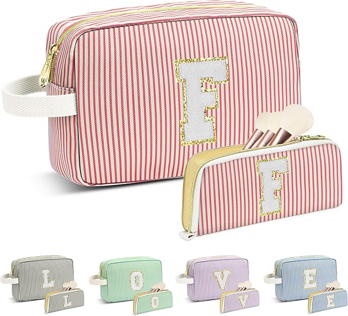 Travel Makeup Bag Christmas Gifts for Women Girl Teens, Personalized Initial Makeup Bag for Cute Teen Girls, Preppy Stuff Toiletry Bag Cosmetic Bag, Teen Girls Gift Trendy Stuff, Letter F