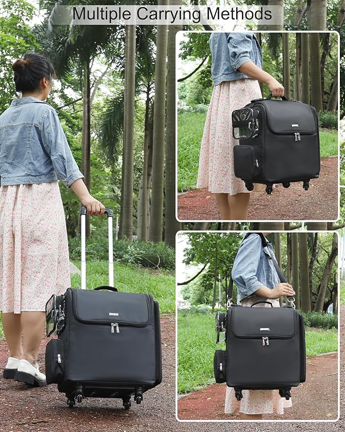 Relavel Rolling Makeup Train Case with 6 Pcs Clear Makeup Bags, Hairstylist Traveling Bag with 4 Wheels, Heat Insulation Full Layer, Adjustable Dividers, Hair Tools and Cosmetics Storage Organizer