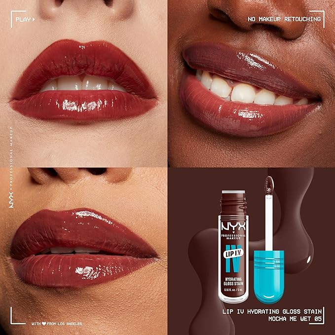 NYX Professional Makeup Lip IV Hydrating Glossy Lip Stain with 12HR Hydration - Mocha Me Wet (Brown)