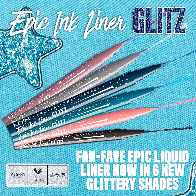 NYX PROFESSIONAL MAKEUP Epic Ink Glitz Liner, Waterproof Metallic Liquid Eyeliner with Vegan Formula - Tapered Twinkle (Shimmer Teal Blue)