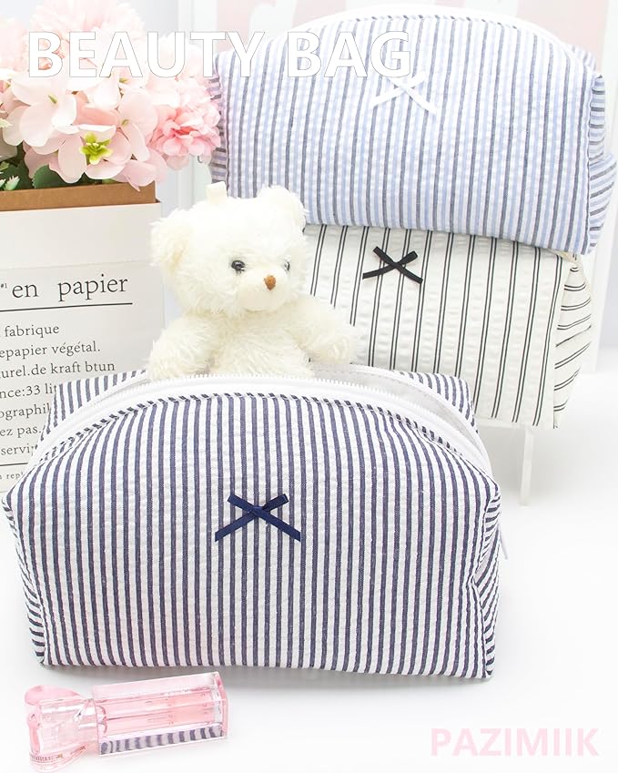 PAZIMIIK 2PCS Cozy Makeup Bag Small Aesthetic Travel Zipper Cosmetic Pouch for Women Make Up Beauty Accessories Brushes, Stripe Navy Blue