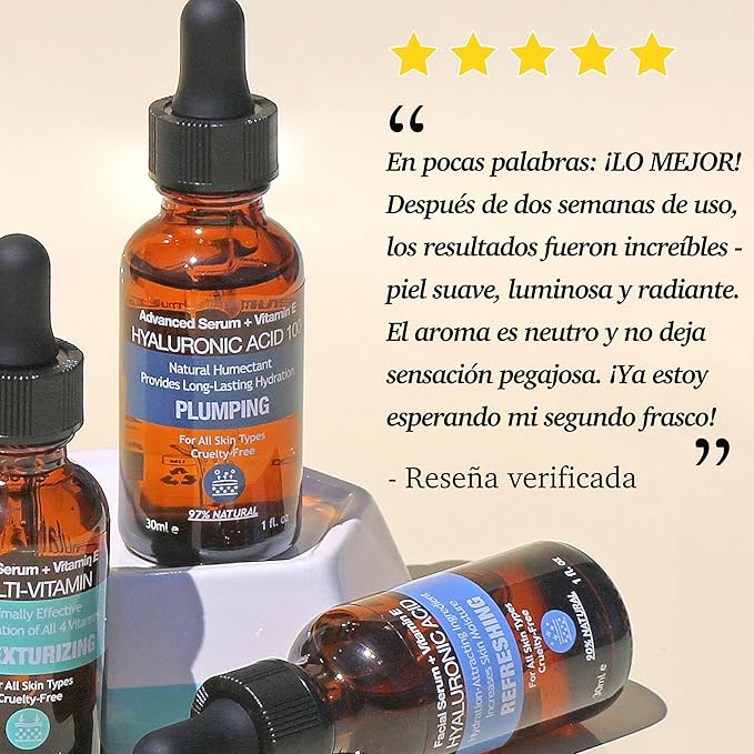 MADE IN USA NATUAL100 HYALURONIC ACID Facial Serum for Plumping Anti Aging Hydrating Glowing Skin with Vitamin E Pairs Well with Vitamin C Face Serum & Hylunaric Acid Moisturizer PURIFECT 30ml 1fl/oz