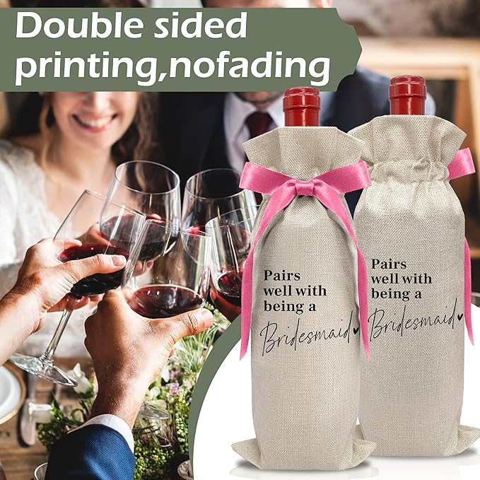 Cute Pink Bow Ribbon Engagement Gift Wine Bag - 1 PCS Bride to Be Gifts for Bridesmaids Bride and Groom Couples Her Him Will You Be My Bridesmaid for Getting Married Engagement Bridal Shower - A53