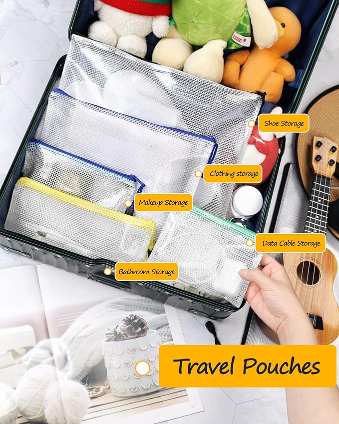 SUNEE Plastic Mesh Zipper Pouch 7.8x10.8 in (9 Colors, 18 Packs),Extra Large Water-Resistant Zip Bag for School Office Supplies, Puzzles & Games Organizing Storage