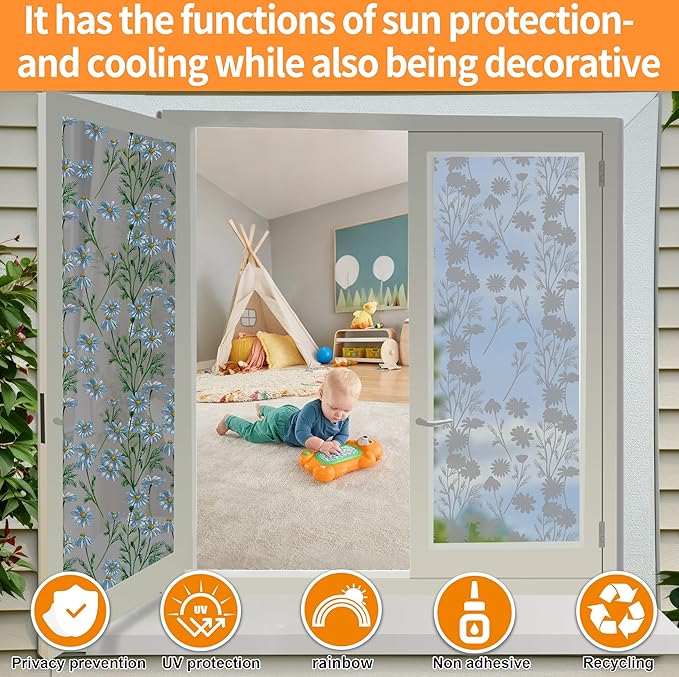 One Way Privacy Film, Window Tint for Home,Daytime Reflective, Anti UV Static Cling Sliding Door Coverings No Glue Garage Solar Paper (Black - Silver-Daisy, 35.4 x 157.4 in)