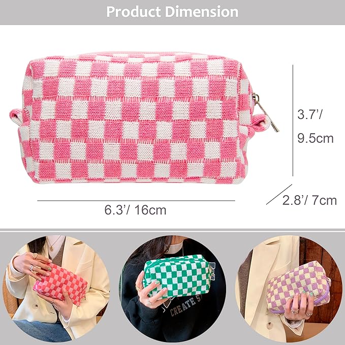 Checkered Makeup Bag for Purse Portable Zipper Make Up Pouch Small Cosmetic Case for Travel Accessories Pink White