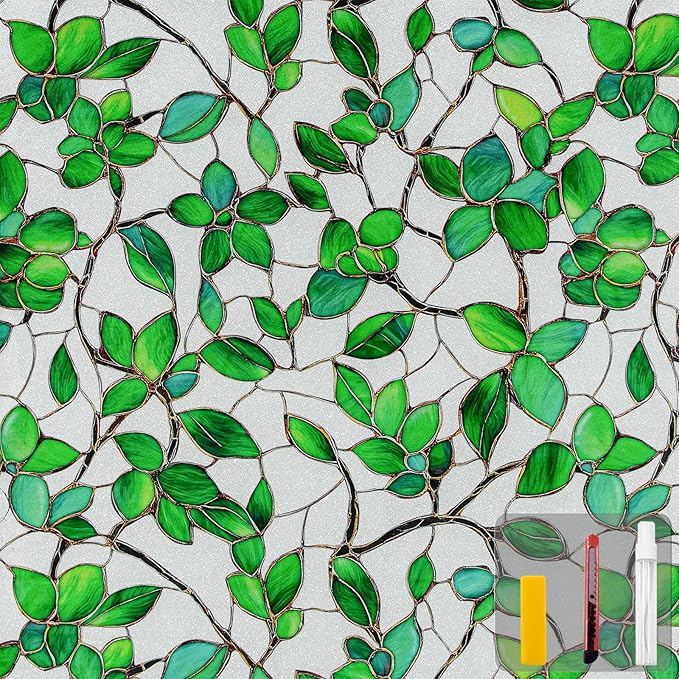 Window Privacy Film Stained Glass Window Film Frosted Window Film Window clings Non-Adhesive Reusable Decorative for Home Removable (Green Frosted, 35.4 X 157.4 in)