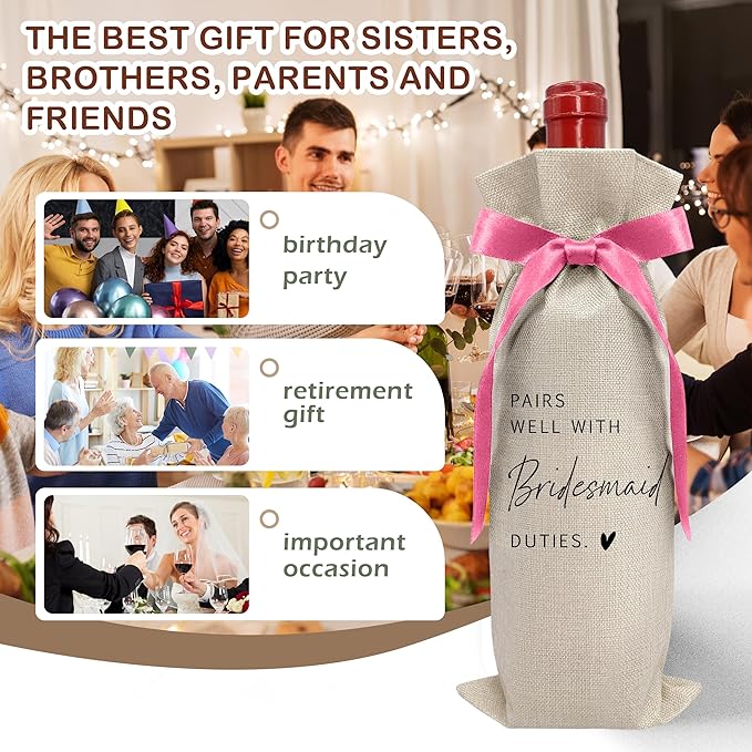 Cute Pink Bow Ribbon Engagement Gift Wine Bag - 1 PCS Bride to Be Gifts for Bridesmaids Bride and Groom Couples Her Him Will You Be My Bridesmaid for Getting Married Engagement Bridal Shower - A50