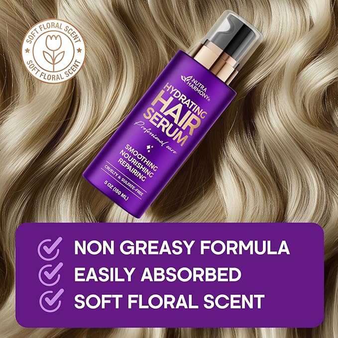 NUTRAHARMONY Hydrating Hair Serum – Keratin Hair Treatment for Dry, Frizzy, Damaged Hair – Biotin, Castor & Rosemary Oils – Anti‑Frizz, Heat Protectant & Split Ends Repair for Smooth, Shiny Hair, 5oz