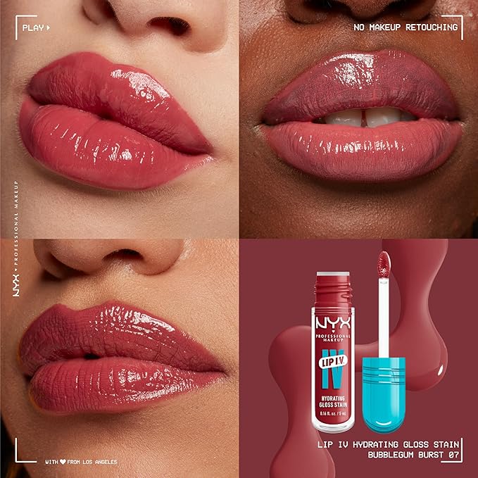NYX PROFESSIONAL MAKEUP Lip IV Hydrating Glossy Lip Stain with 12HR Hydration - Bubblegum Burst (Pink)