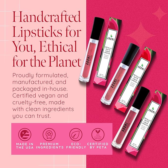 Aromi Hot Pink Metallic Liquid Lipstick | Magenta Lip Color with Shimmery Finish, Vegan, Cruelty-free, Long-Lasting and Smudge Proof (Fab Flamingo)