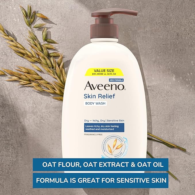 Aveeno Skin Relief Fragrance Free Body Wash, Triple Oat Formula, Gentle Daily Cleanser for Itchy Dry Sensitive Skin, Soap & Paraben Free, Soothes & Moisturizes, 33 fl oz