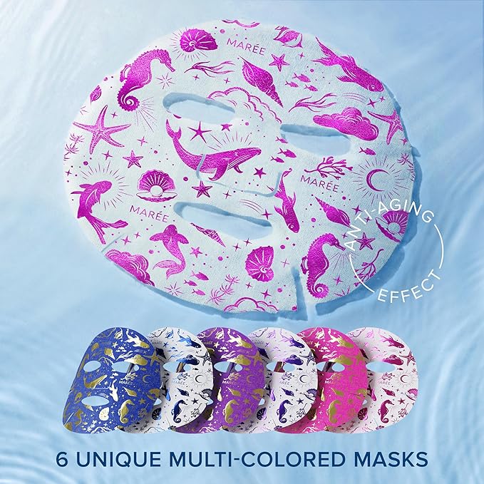 MAREE Collagen Facial Mask with Hyaluronic Acid — Sheet Face Mask Skincare — Centella Asiatica, Green & Red Algae Extract — Hydrating Facemask For Women Skin Care — Mascarillas Para La Cara — 6 Count