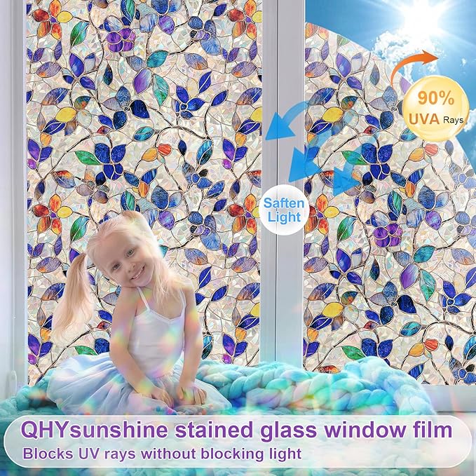 Stained Glass Window Privacy FilmDecorative Rainbow Static Clings -ldeal for Home &Office,Adhesive-Free,Removable, Uv-Blocking (Purple Rainbow, 17.5 X 157.4 in)