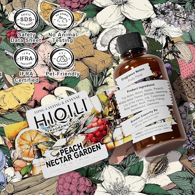 HIQILI Peach Nectar Garden Fragrance Oil for Diffuser, Inspired by Pris.HIL-ton, Candle & Soap Making, Sweet Floral-Fruity Notes, Long-Lasting Scent- 1fl oz