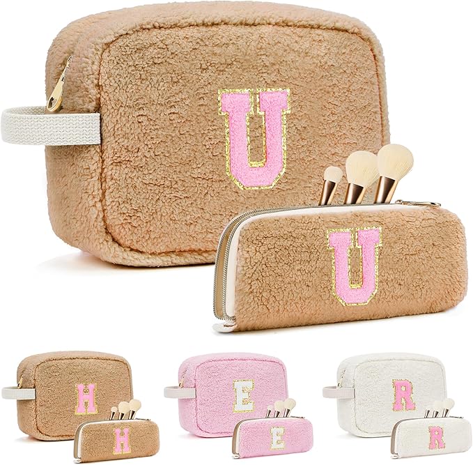 for Christmas Day Gifts, Personalized Initial Cosmetic Bag Pouch for Teen Girls, Preppy Makeup Travel Bags for Daughter Sister Girlfriend, Monogramed Make Up Pouch for Birthday Gifts - Brown U