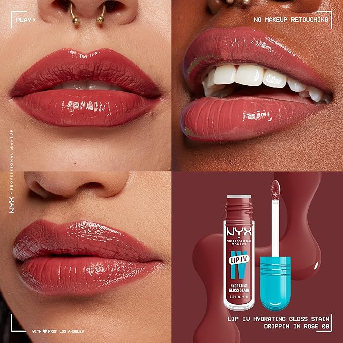 NYX PROFESSIONAL MAKEUP Lip IV Hydrating Glossy Lip Stain with 12HR Hydration - Drippin In Rose (Pink)
