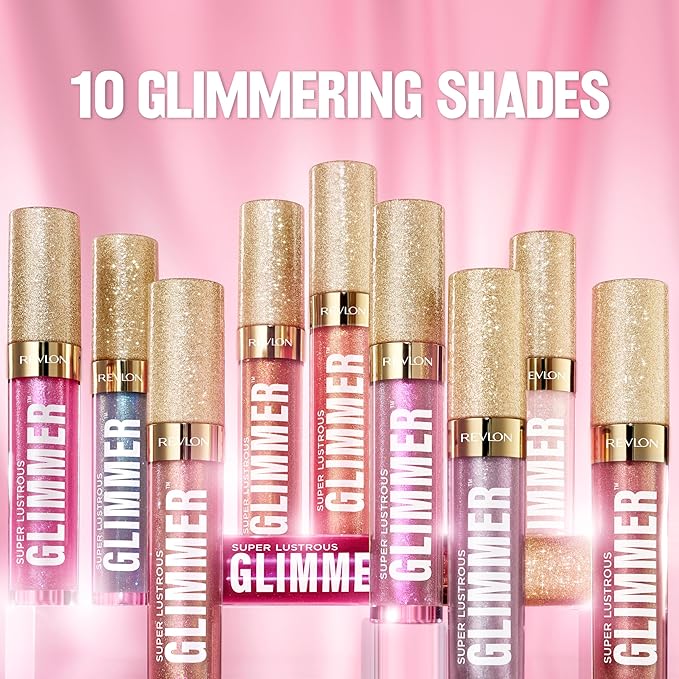 REVLON Super Lustrous Glimmer Gloss, Non-Sticky Lip Gloss, High-Shine Finish, Plant-Based Glitter, 009 Razz Beamy, 0.13 fl oz