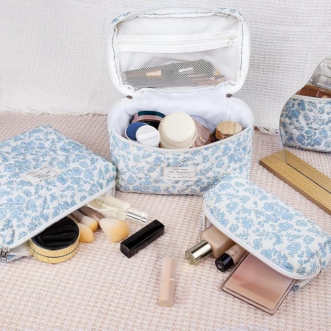 3pc Makeup Bag Set, Quilted Makeup Bag Set, Large Floral Cosmetic Bag for Women, Cute Cotton Makeup Bags, Flower Travel Toiletry Organizer Bag (Pink Cherry Flowers)