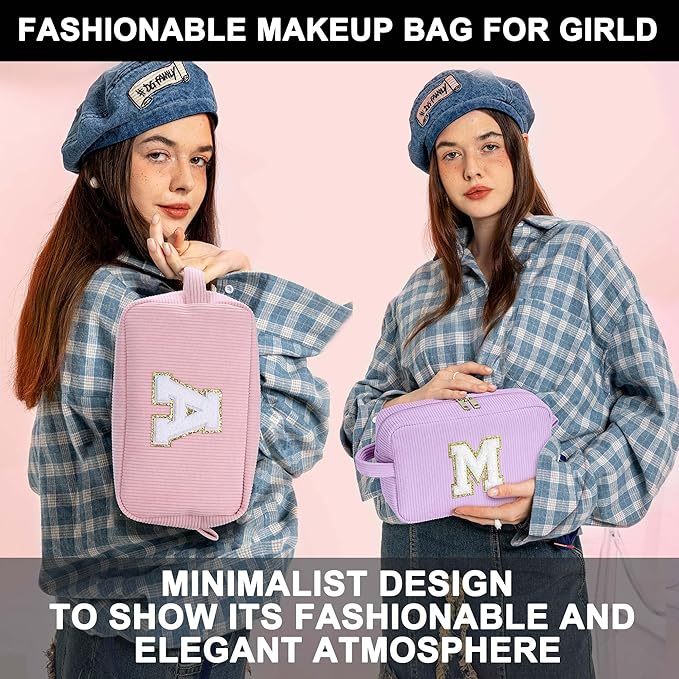 YOOLIFE Cosmetic Bags for Women - Birthday Gifts for Girls Women Preppy Stuff Travel Makeup Bag Teacher Appreciation Gifts Makeup Bags Corduroy Pink Makeup Bag Girlfriend Granddaughter Gifts Letter L