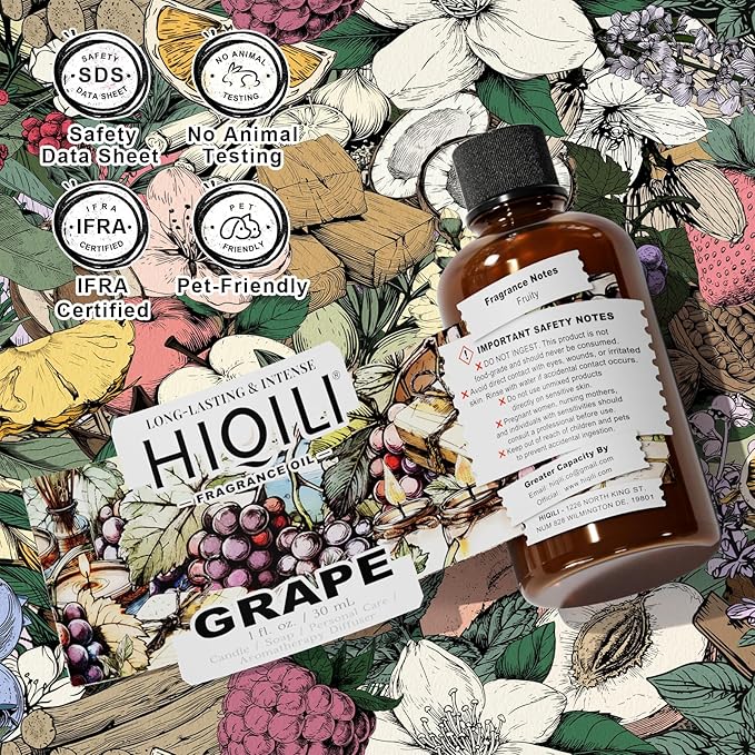 HIQILI Grape Fragrance Oil for Diffuser & Oil Burner, Fruity Scents for Making Candles, Hand Soap, Air Freshener, Long Lasting - 1 Fl Oz