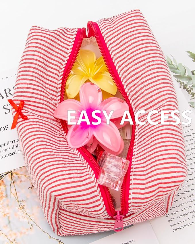 PAZIMIIK 2PCS Cozy Makeup Bag Small Aesthetic Travel Zipper Cosmetic Pouch for Women Make Up Beauty Accessories Brushes, Stripe Red