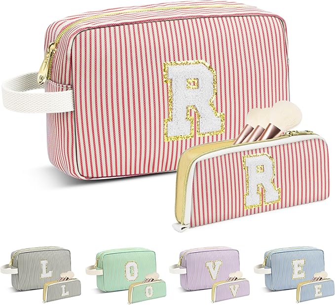Travel Makeup Bag Christmas Gifts for Women Girl Teens, Personalized Initial Makeup Bag for Cute Teen Girls, Preppy Stuff Toiletry Bag Cosmetic Bag, Teen Girls Gift Trendy Stuff, Letter R