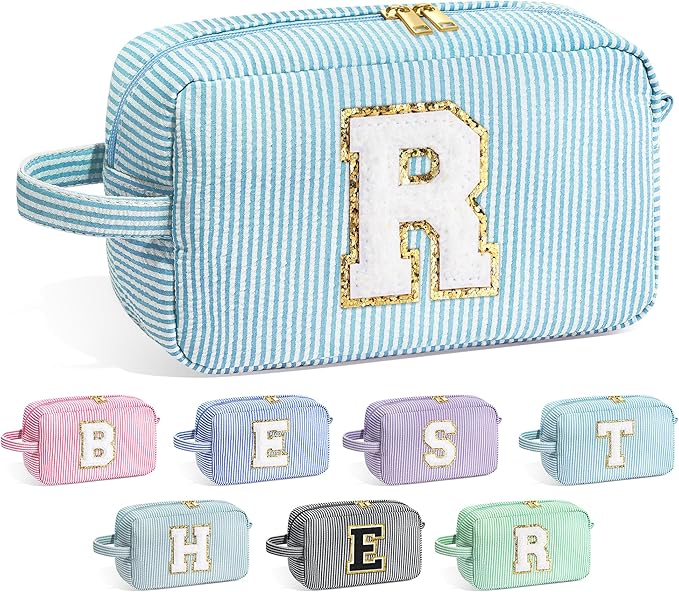 YOOLIFE Initial Makeup Bag - Personalized Cute Blue Makeup Bags, Girls Makeup Toiletry Bag Pouch, Makeup Case for Women Friend Female Sister, Birthday Gifts for Women R