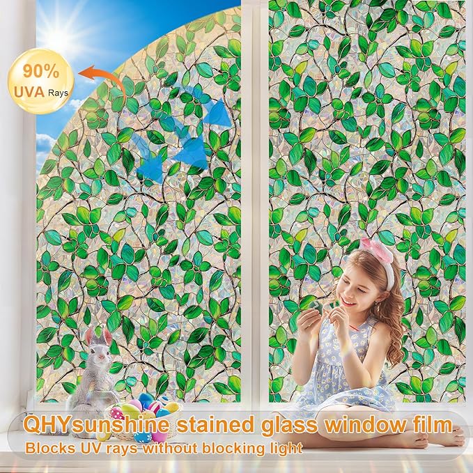 Stained Glass Window Privacy FilmDecorative Rainbow Static Clings -ldeal for Home &Office,Adhesive-Free,Removable, Uv-Blocking(Green Rainbow, 45.2 X 157.4 in)
