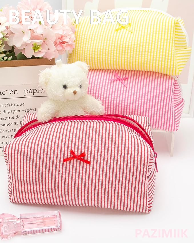 PAZIMIIK Cozy Makeup Bag Small Aesthetic Travel Zipper Cosmetic Pouch for Women Make Up Beauty Accessories Brushes, Stripe Red