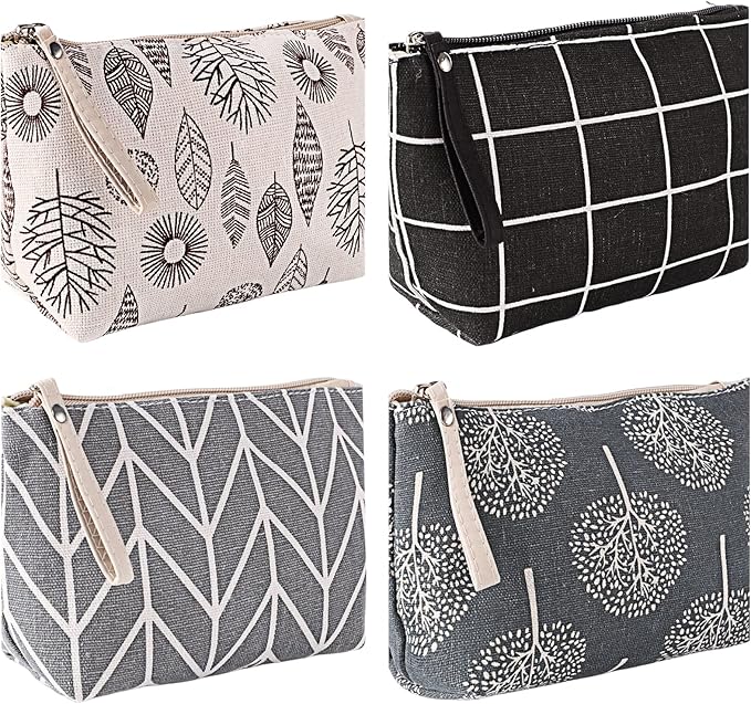 4 Pcs Canvas Cosmetic Bag, Multi-function Travel Makeup Bag Cosmetic Pouch with Zipper Travel Toiletry Bag Small Makeup Pouch Christmas Gifts Stocking Stuffers for Women
