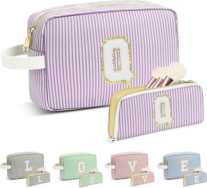 Travel Makeup Bag Christmas Gifts for Women Girl Teens, Personalized Initial Makeup Bag for Cute Teen Girls, Preppy Stuff Toiletry Bag Cosmetic Bag, Teen Girls Gift Trendy Stuff, Letter Q