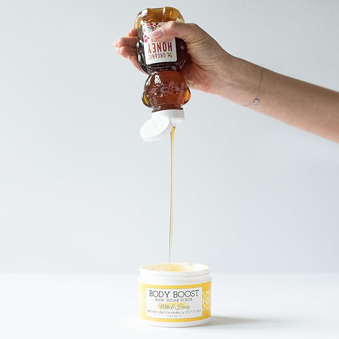 Body Boost Milk & Honey Sugar Scrub 8 oz- Help Prevent Dry Skin, Stretch Marks, and Scars- Pregnancy and Nursing Safe- Allergen Free