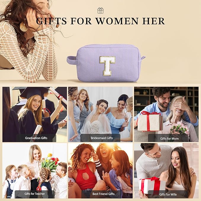 YOOLIFE Gifts for Women, Personalized Birthday Gifts for Women Girlfriend Her Friend Mom Grandma Daughter Wife, Bridesmaid Gifts, Monogram Initial Girls Preppy Makeup Bag A