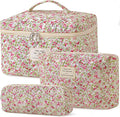 HBselect Quilted Makeup Bag, 3PCS Cotton Large Travel Makeup Bag, Cute Floral Coquette Make up Bag Cosmetic Bag Toiletry Bag for Women Girls