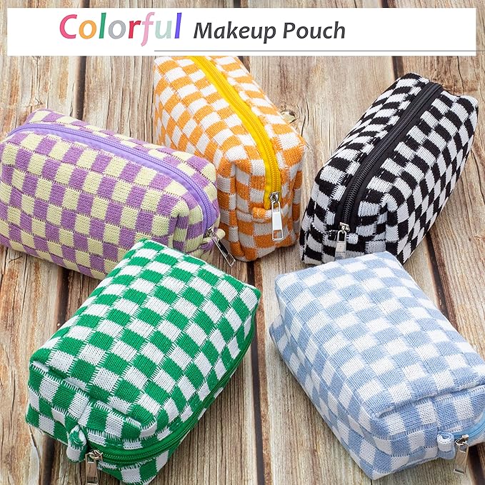PAZIMIIK Checkered Makeup Bag for Purse Portable Zipper Make Up Pouch Small Cosmetic Case for Travel Accessories (6PCS Blue)