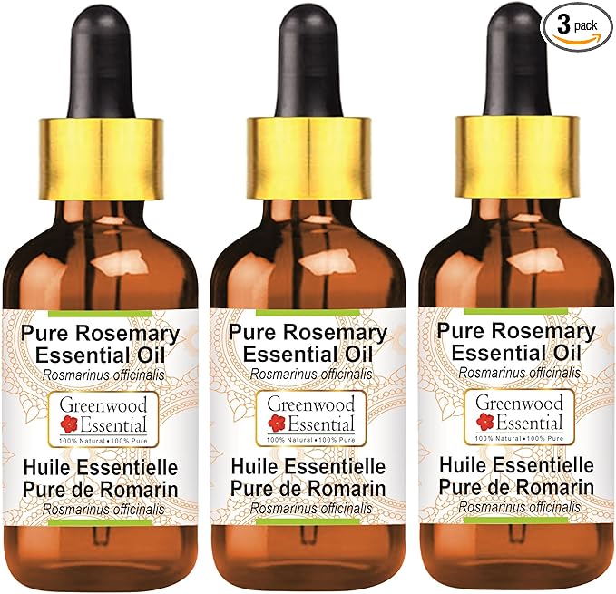 Greenwood Essential Pure Rosemary Essential Oil (Rosmarinus officinalis) with Glass Dropper Steam Distilled (Pack of Three) 100ml X 3 (10.1oz)